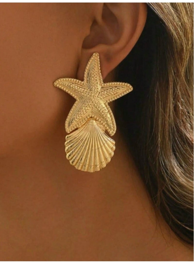 SHEIN2pcs  Asymmetrical Exaggerated Sensual Gold Starfish, Heart, Shell Dangle Earrings Accessories For Women - Image 3
